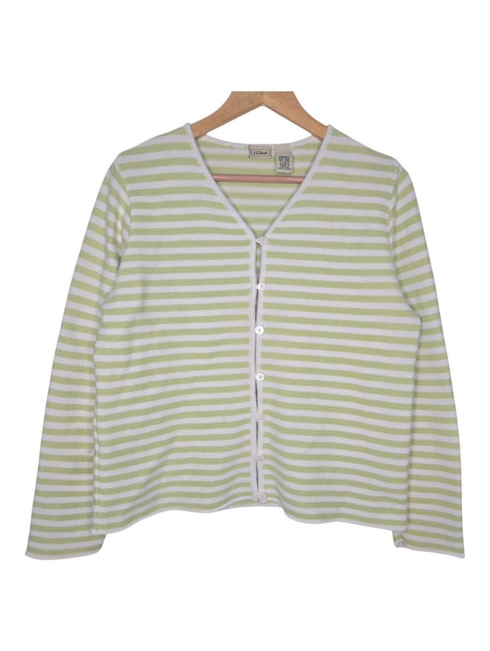 Vintage LL Bean Womens Lime Green Striped MOP Button Knit Cardigan Medium